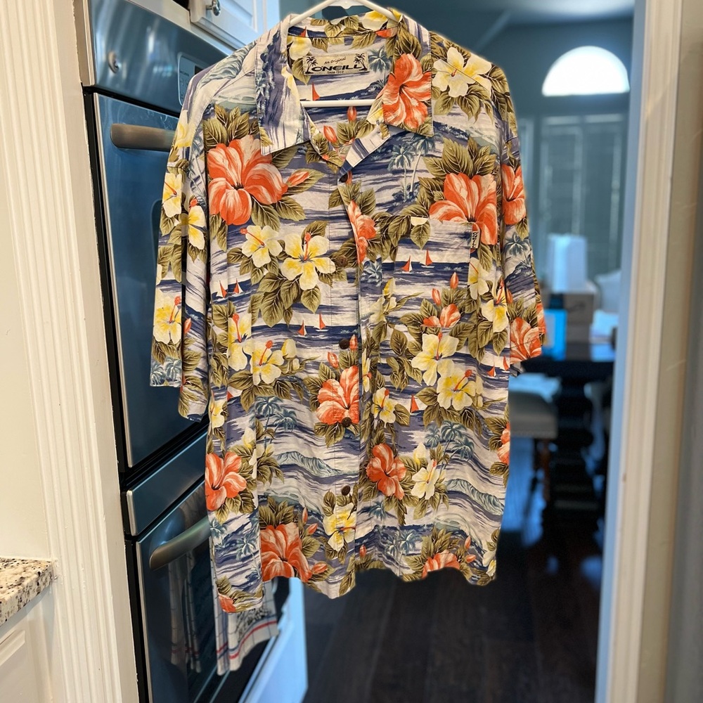 Vintage O’Neill Kalapana Hawaiian Shirt with Hibiscus Sailboats Floral Sz Large